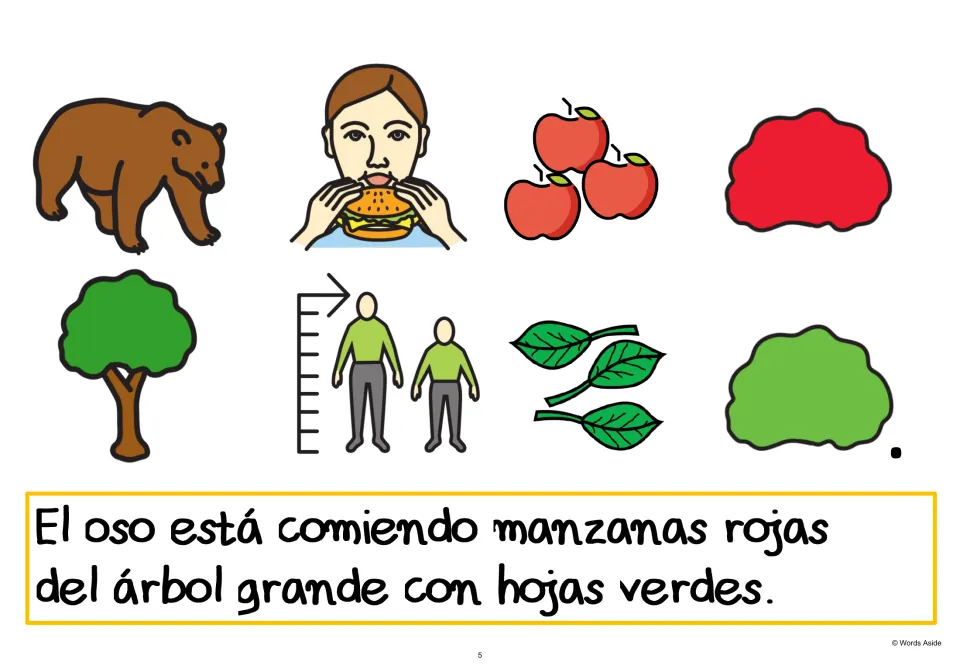 Spanish AAC sentence 5 adds “con hojas verdes” (with green leaves) to the description of the bear's tree.