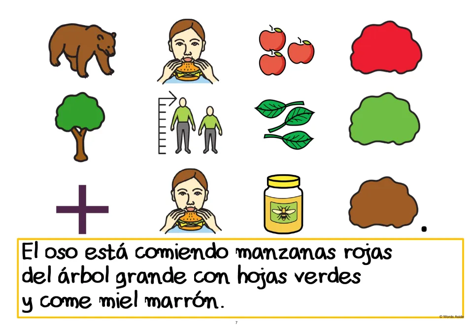 Spanish AAC sentence 7 adds “miel marrón” (brown honey) to the bear's expanding passage, with picture cues.