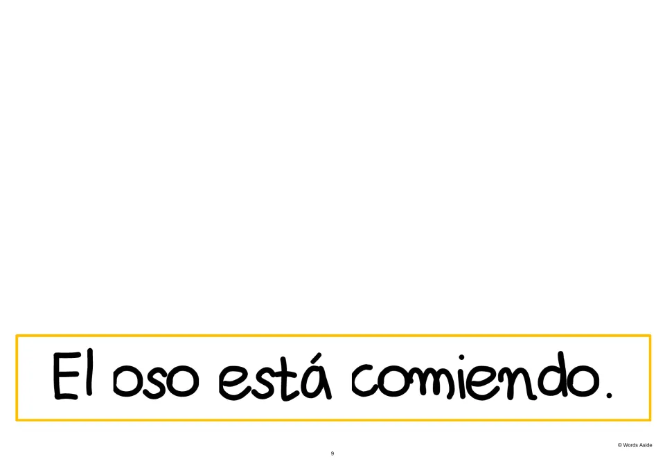 Spanish AAC text-only page repeats “El oso está comiendo” (The bear is eating), the sequence's first sentence.
