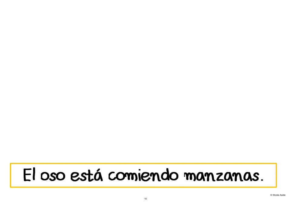 Spanish AAC text-only page repeats “El oso está comiendo manzanas” (The bear is eating apples).