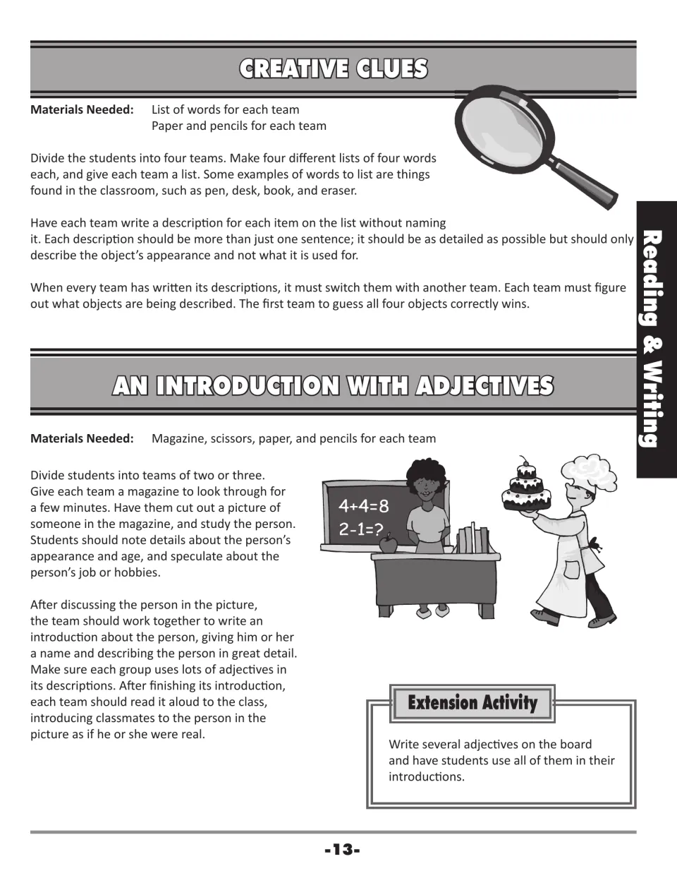 Creative Clues and An Introduction with Adjectives: teams describe unnamed objects and introduce a magazine photo