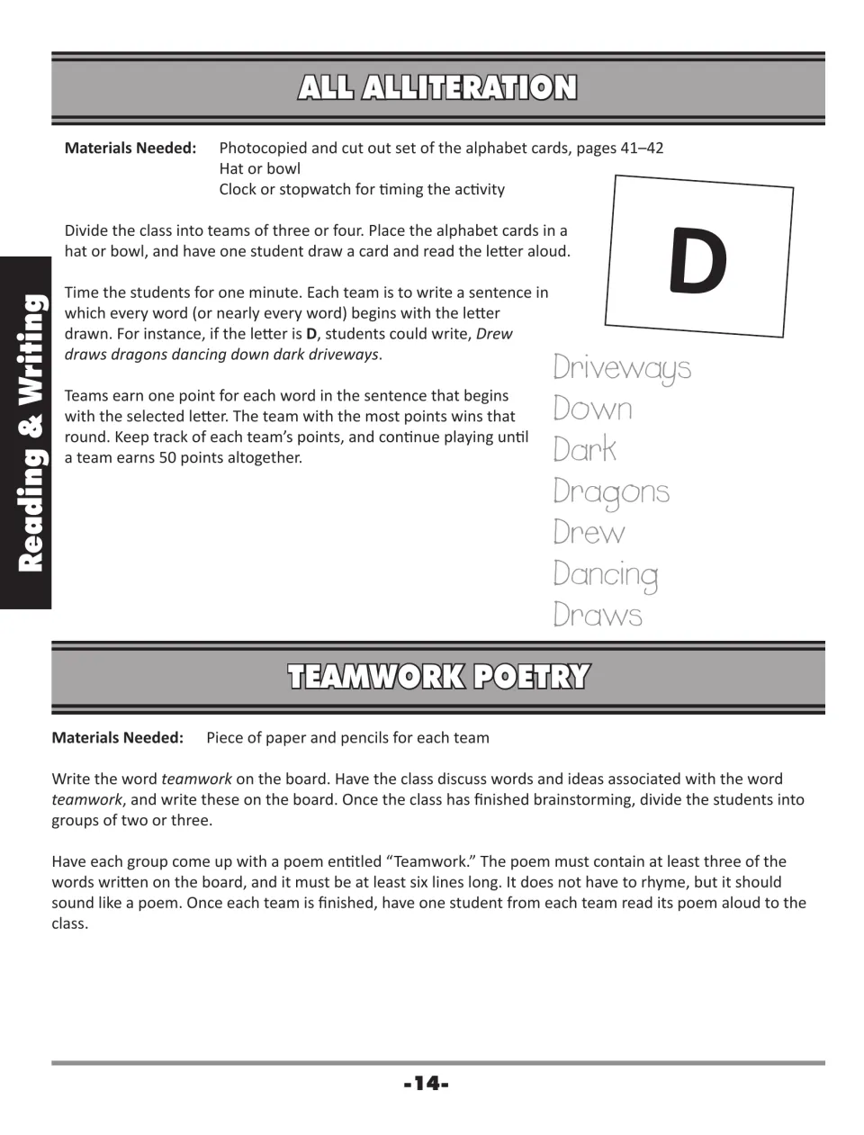 All Alliteration and Teamwork Poetry: teams write timed alliterative sentences from a drawn letter, then a team poem