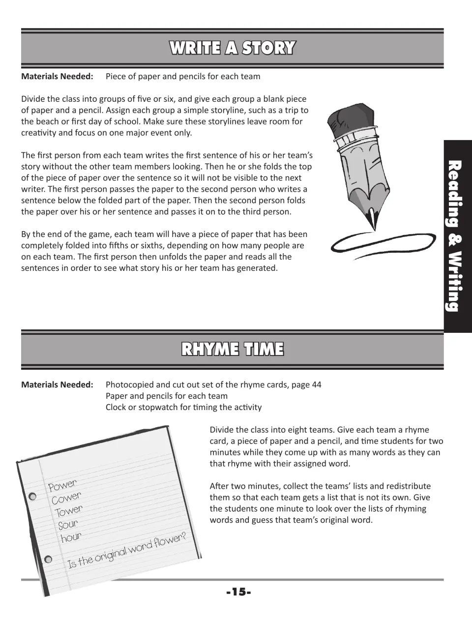 Write a Story and Rhyme Time: teams build a folded-paper story one sentence at a time, then list rhymes to guess a word