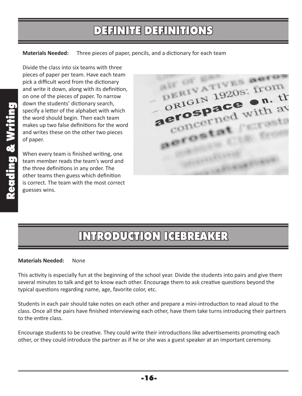 Definite Definitions and Introduction Icebreaker: teams write fake definitions; pairs interview and introduce