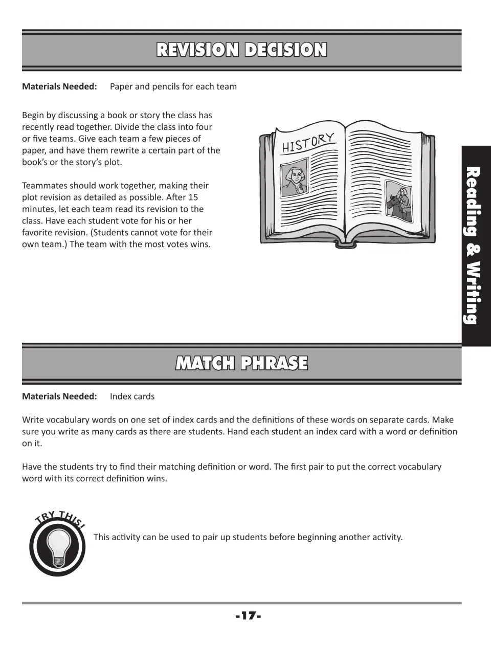 Revision Decision and Match Phrase: teams rewrite part of a story's plot, then match vocabulary cards to definitions