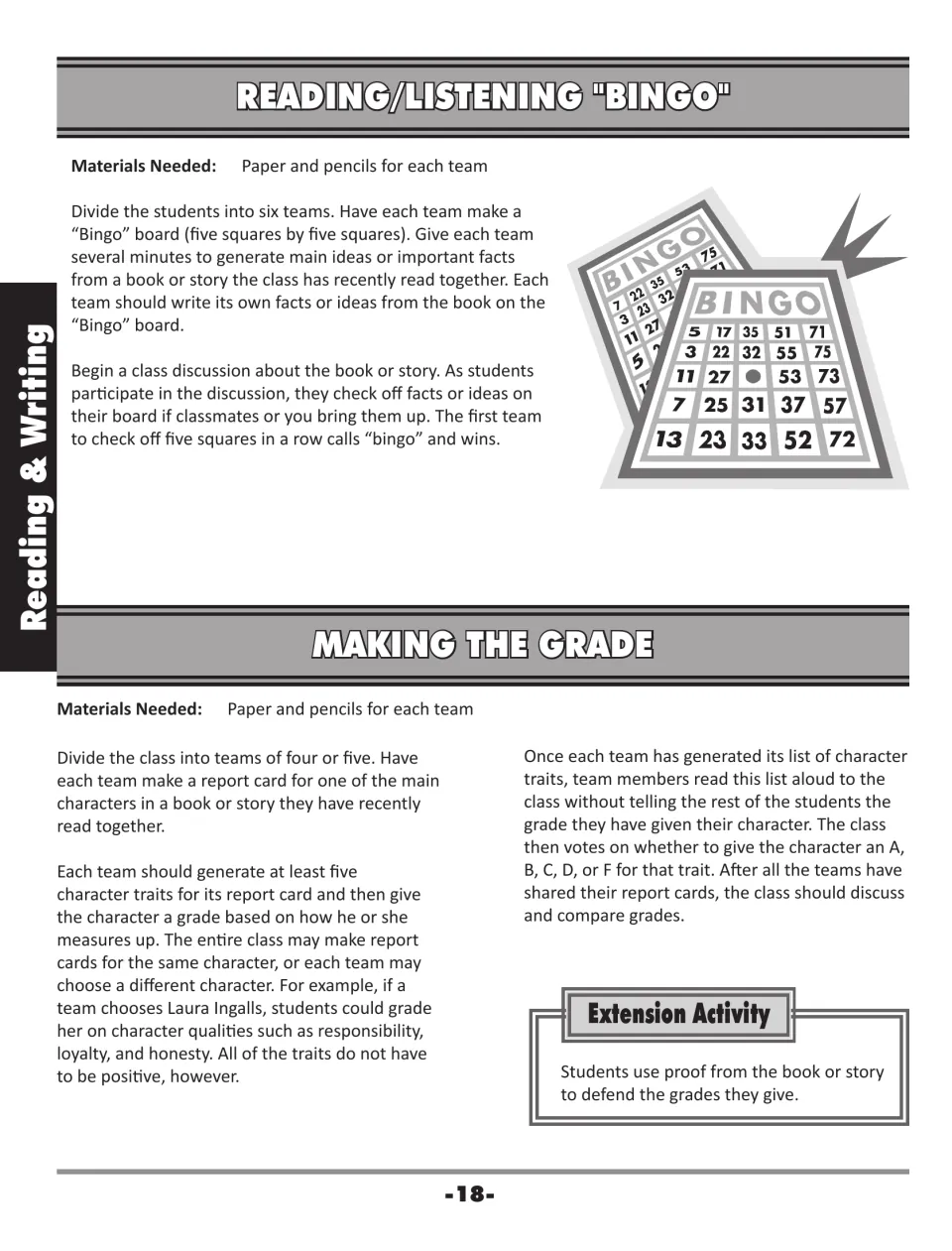 Reading/Listening Bingo and Making the Grade: teams mark main ideas heard in discussion and grade a character's traits