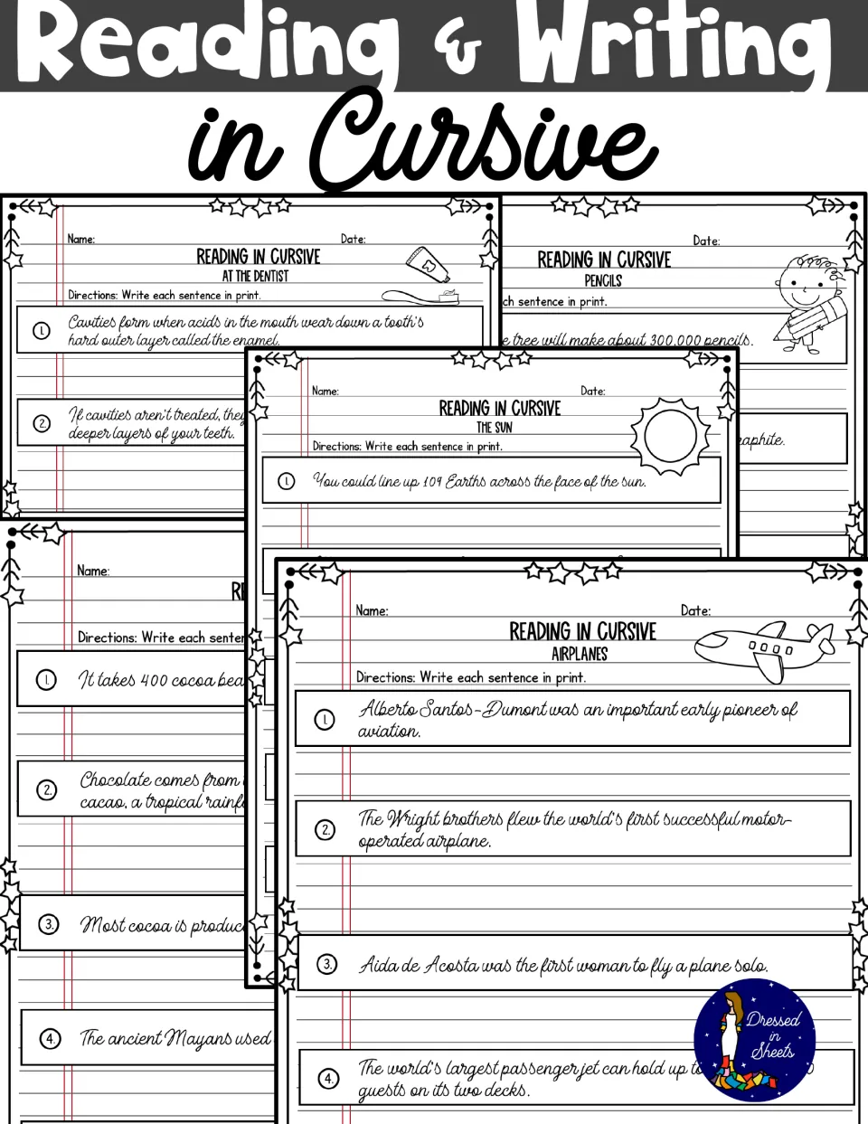 Reading & Writing in Cursive cover showing sentence pages on the dentist, the sun, pencils, chocolate and airplanes
