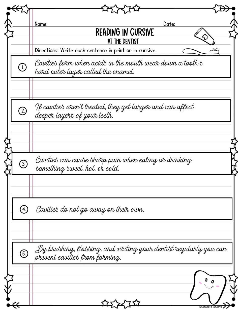 At the dentist: students read five cursive facts about cavities and enamel and copy each sentence in print or cursive