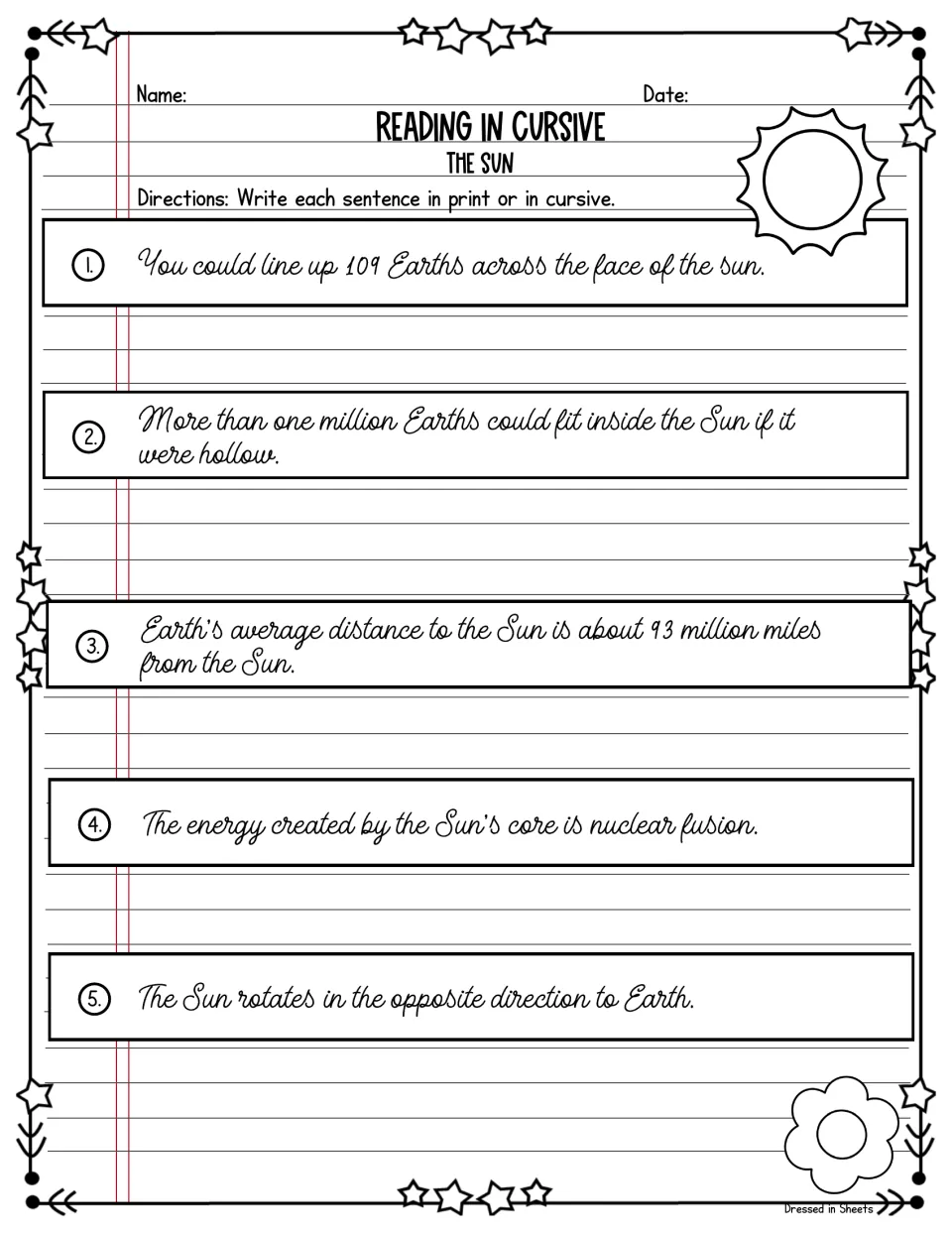 The sun: students read five cursive facts, such as 109 Earths across its face, and rewrite each in print or cursive
