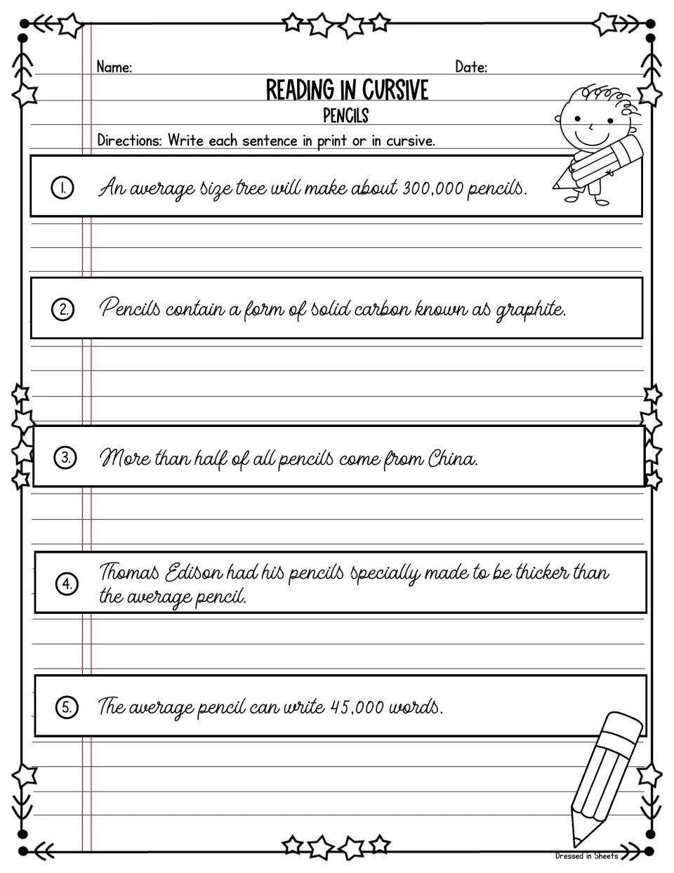 Pencils: students decode cursive facts on graphite, Thomas Edison and 45,000 words, then copy them in print or cursive