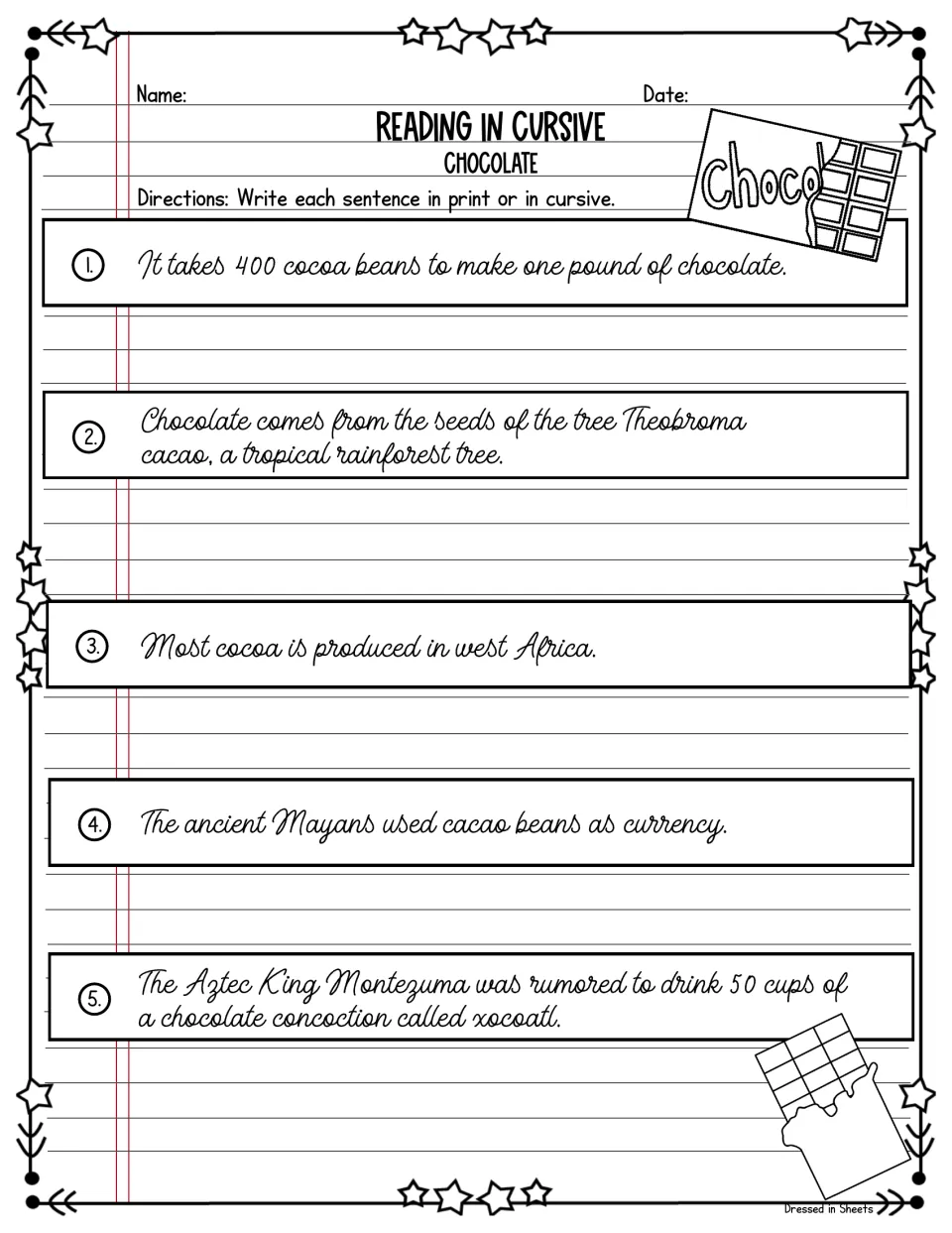 Chocolate: students read cursive facts on cocoa beans, Mayan currency and Montezuma, then copy each in print or cursive