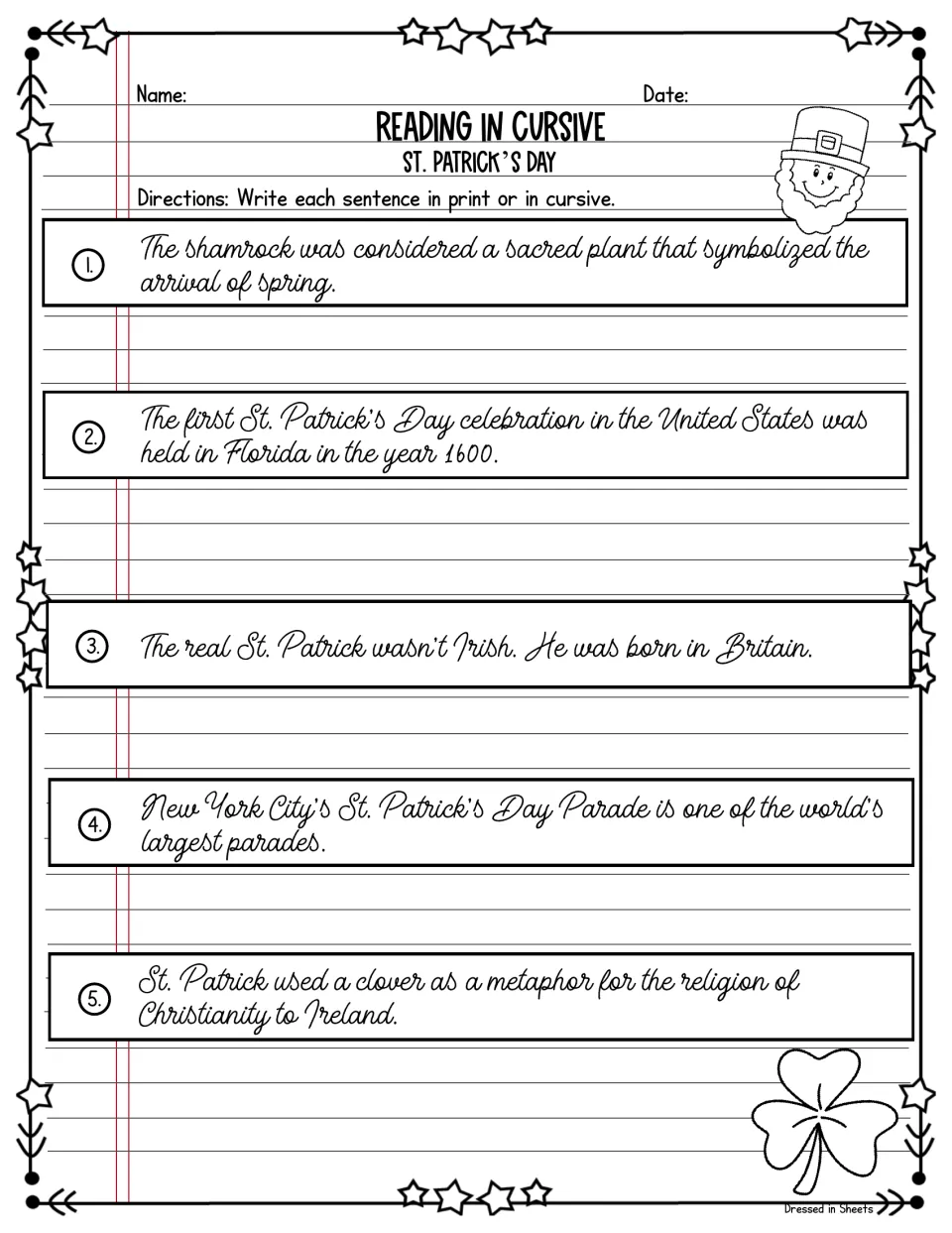 St. Patrick's Day: students read five cursive facts about shamrocks and the parade, then copy each in print or cursive