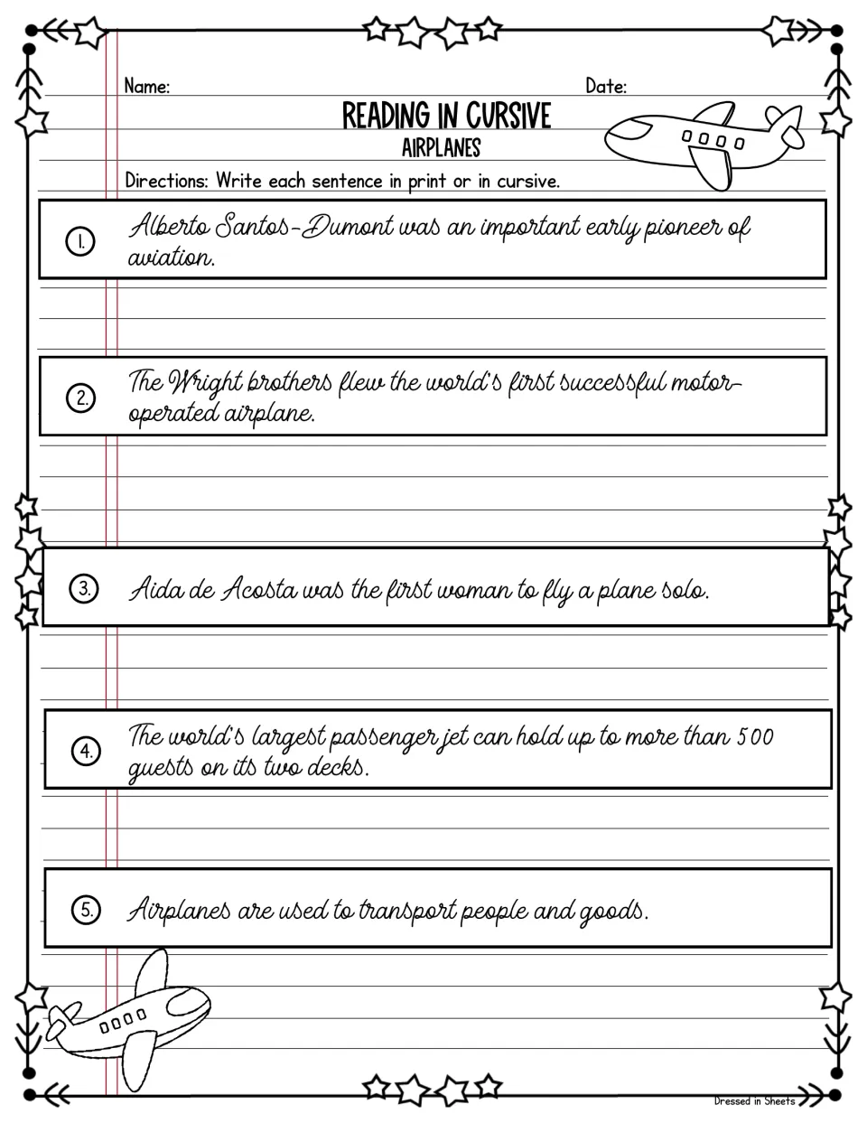 Airplanes: students read cursive facts on the Wright brothers and Aida de Acosta, then rewrite each in print or cursive