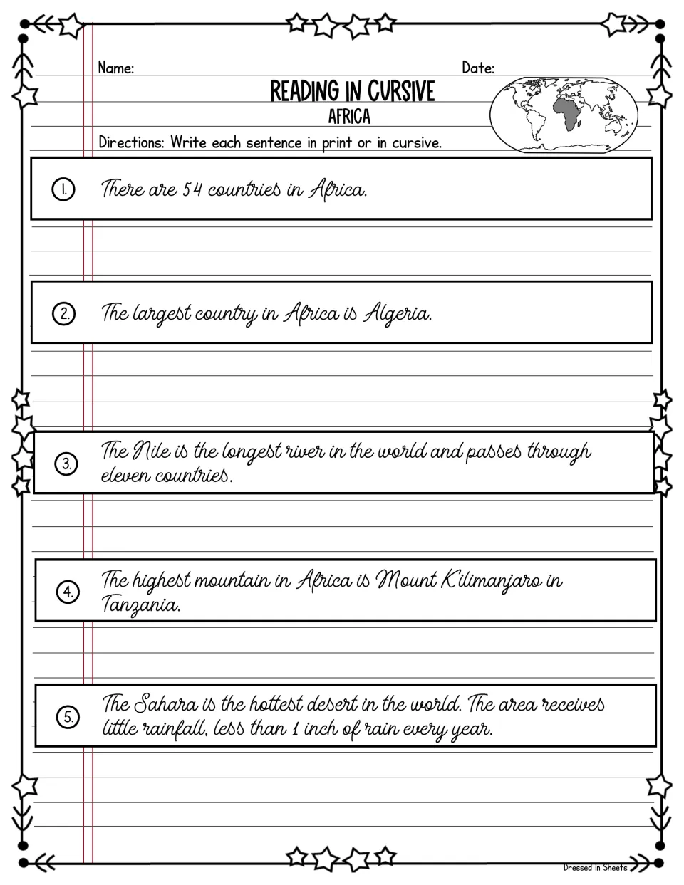 Africa: students read cursive facts about the Nile, Kilimanjaro and the Sahara, then copy each in print or cursive