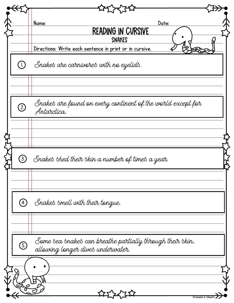 Snakes: students read five cursive facts on eyelids, shedding skin and sea snakes, then rewrite them in print or cursive
