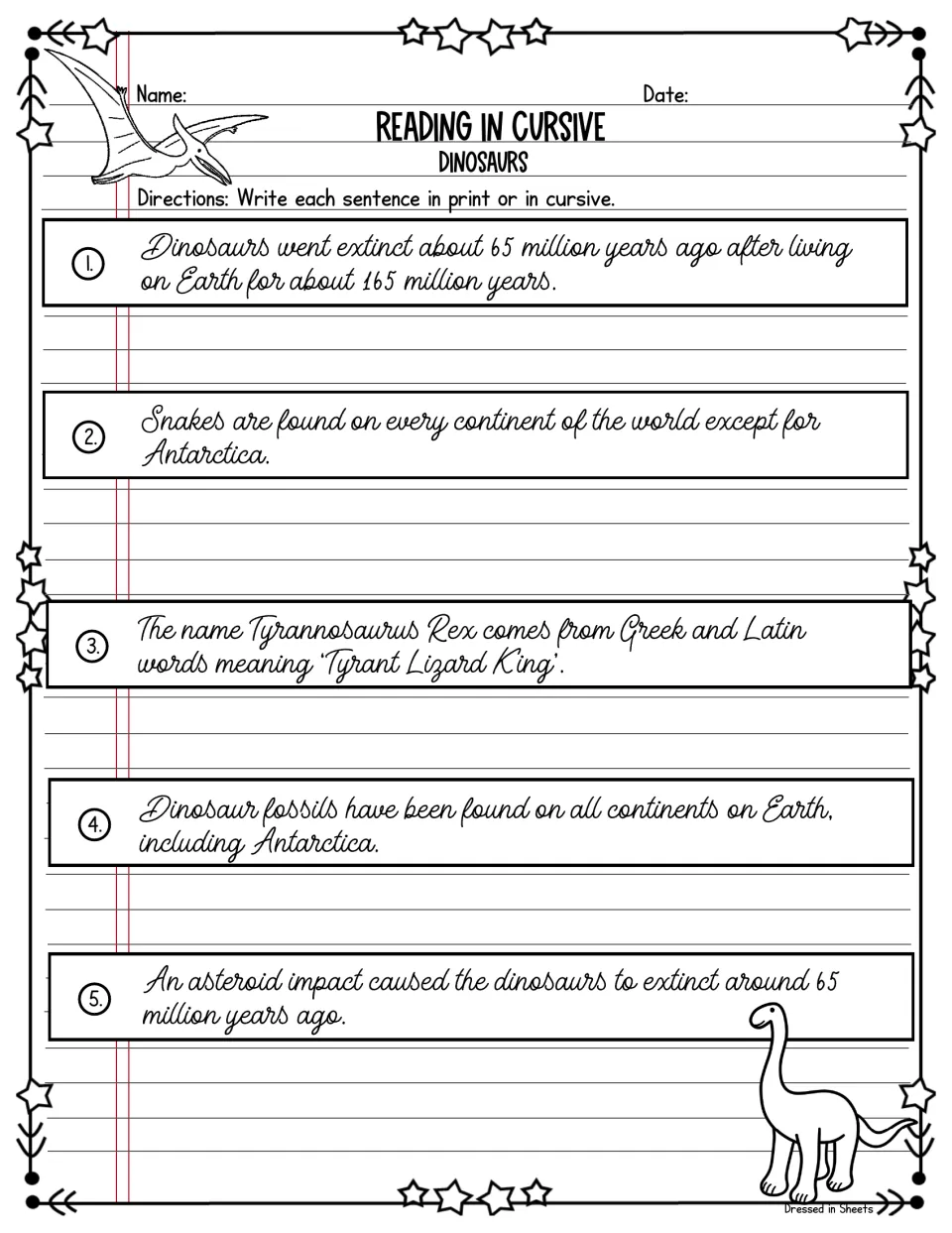 Dinosaurs: students read cursive facts on extinction, T. rex and fossils, then copy each sentence in print or cursive