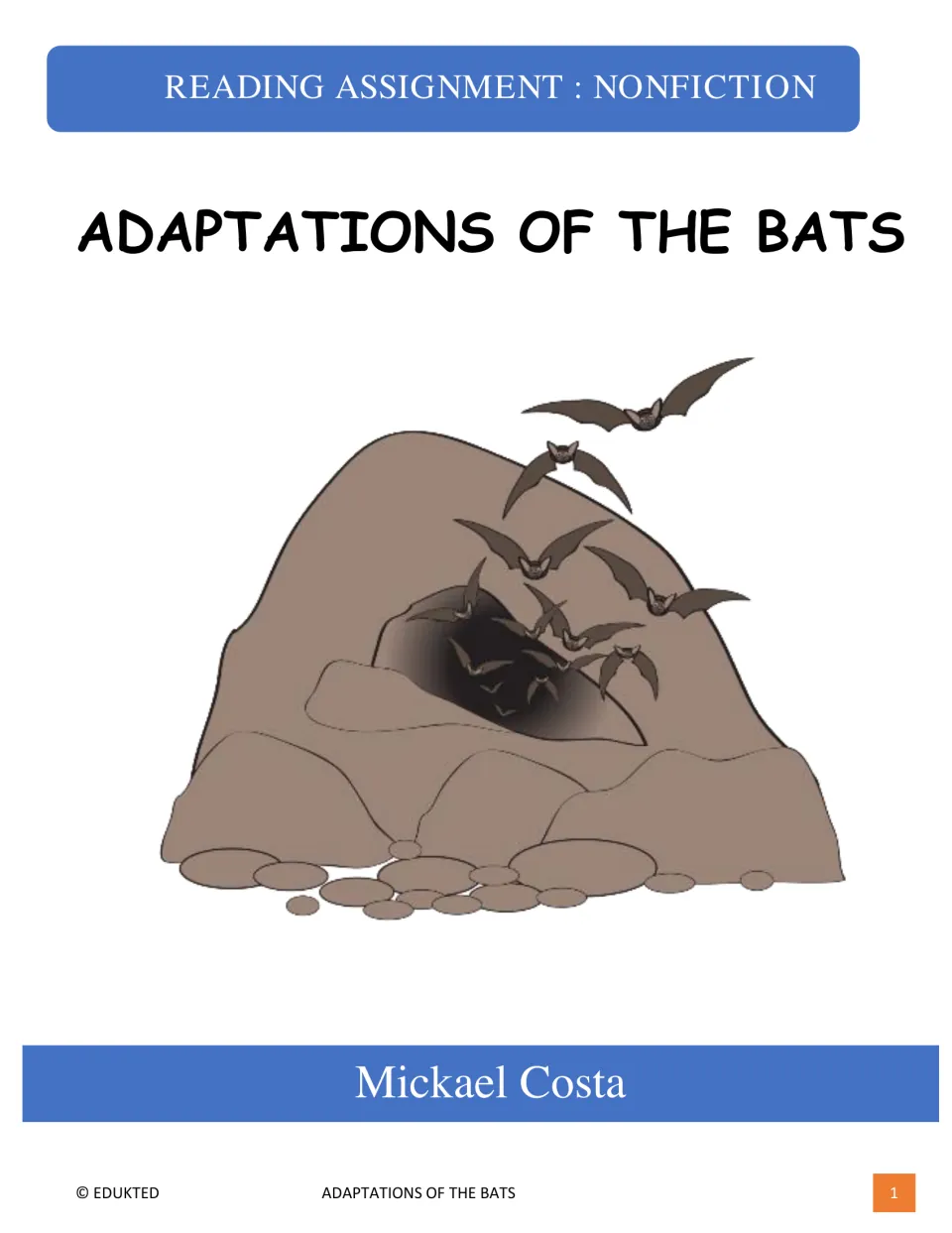 Cover of Reading assignment: Adaptations of the bats by Mickael Costa, featuring bats flying from a cave