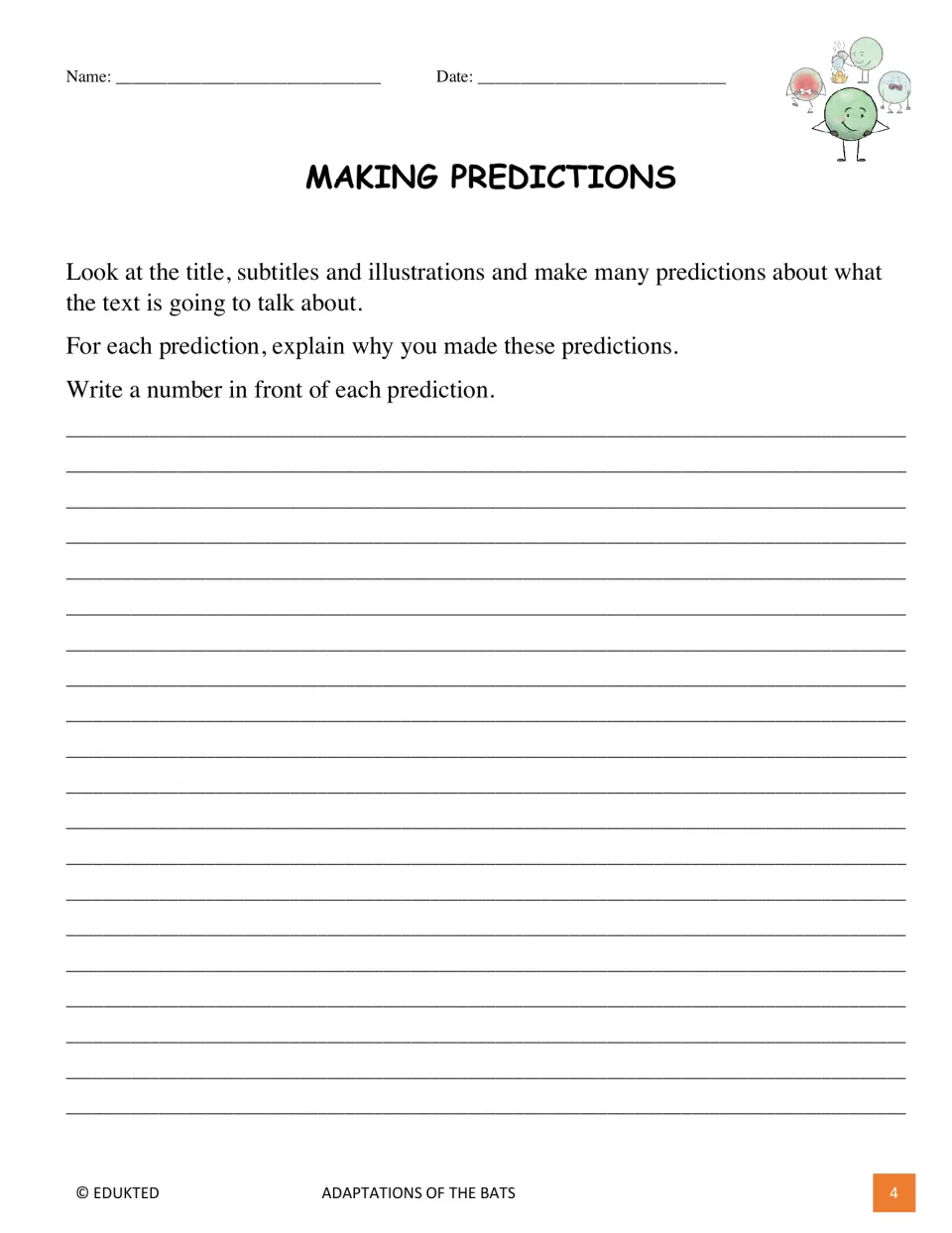 Making Predictions activity asks students to use the title, subtitles, and illustrations and explain each guess