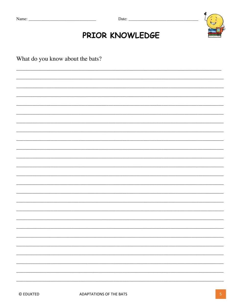 Prior Knowledge activity asks students to write what they already know about bats before reading the passage