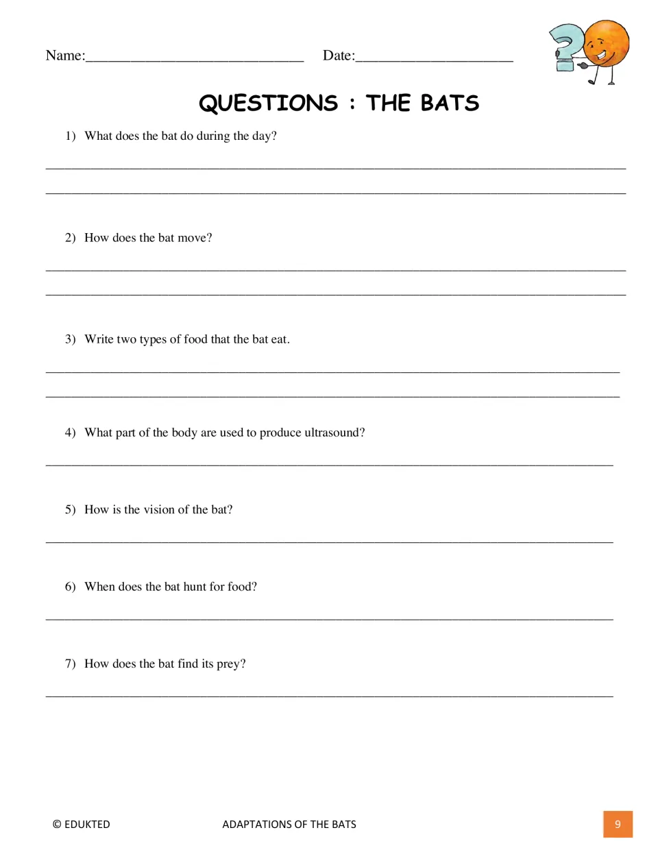 Bat comprehension questions 1–7 ask about daytime behavior, movement, food, ultrasound, vision, and hunting