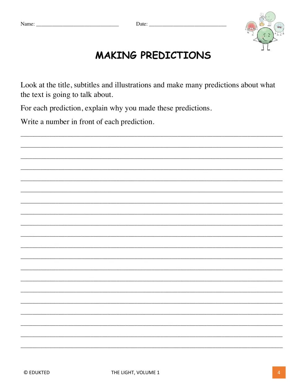 Prediction worksheet asks students to use the title, subtitles, and illustrations and explain each prediction