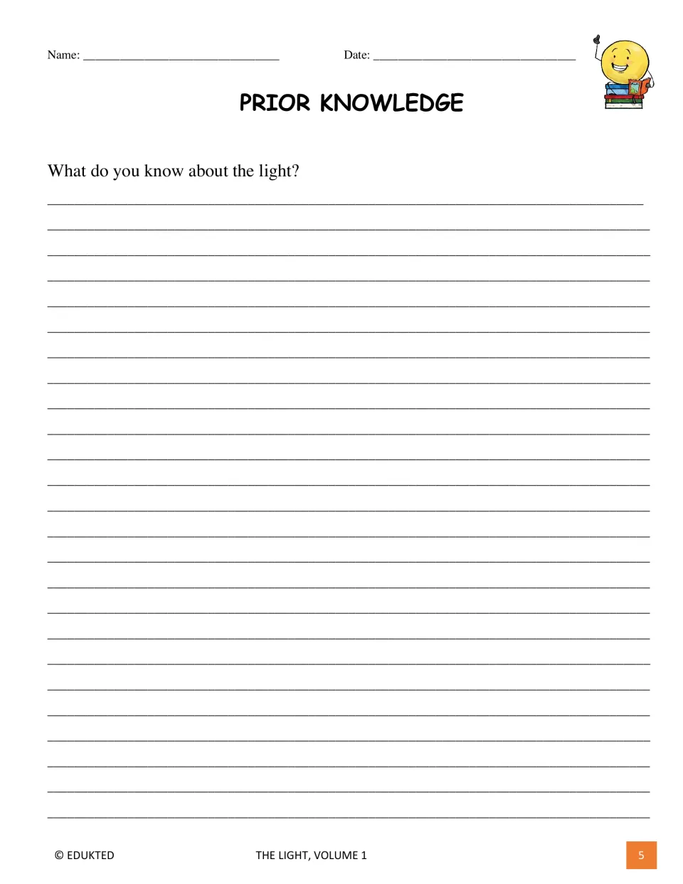 Prior-knowledge worksheet for the light passage asks students to write what they already know about light