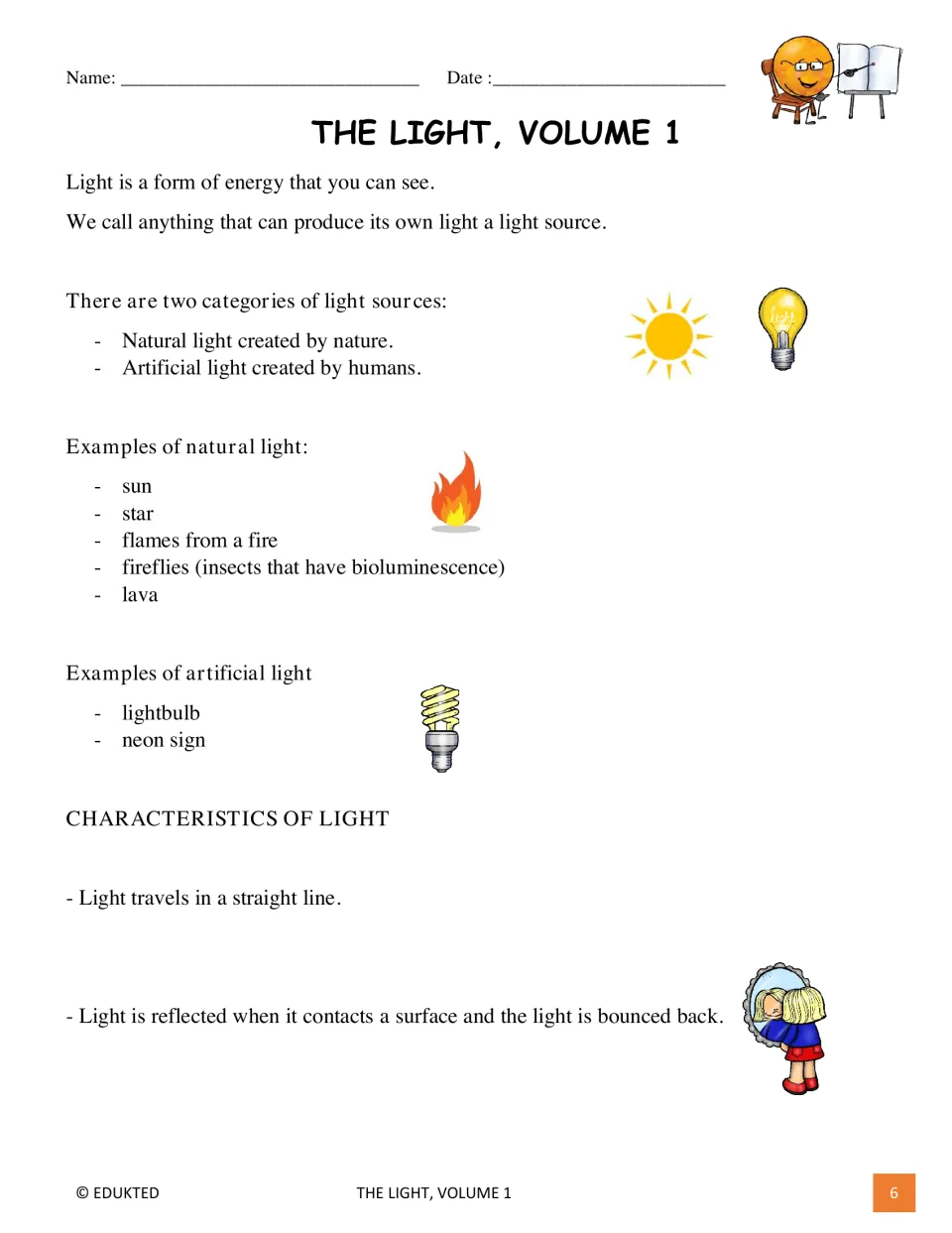 First passage page defines light energy, gives natural and artificial sources, and introduces reflection