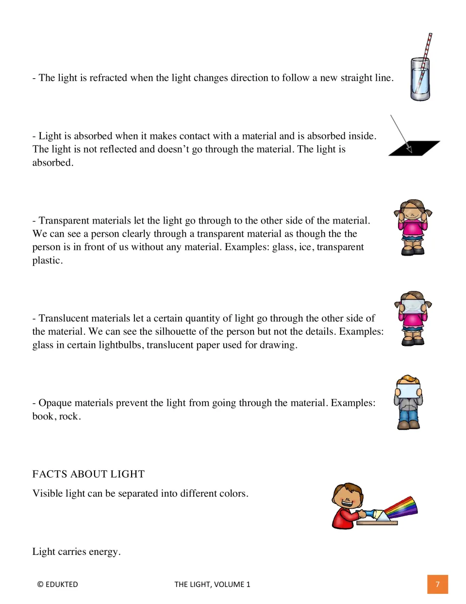 Second passage page explains refraction, absorption, and transparent, translucent, and opaque materials