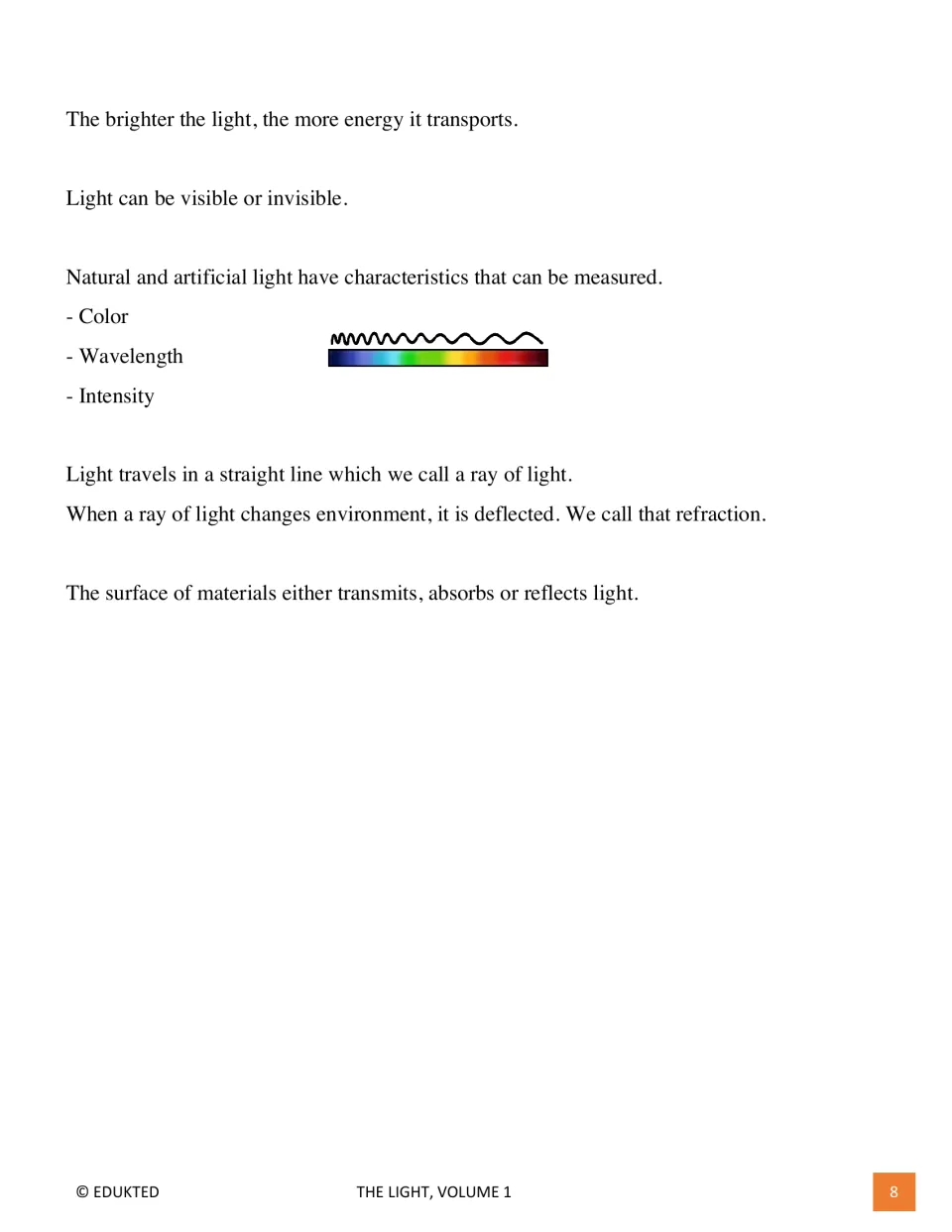 Final passage page covers light's energy, color, wavelength, intensity, refraction, and surface interactions