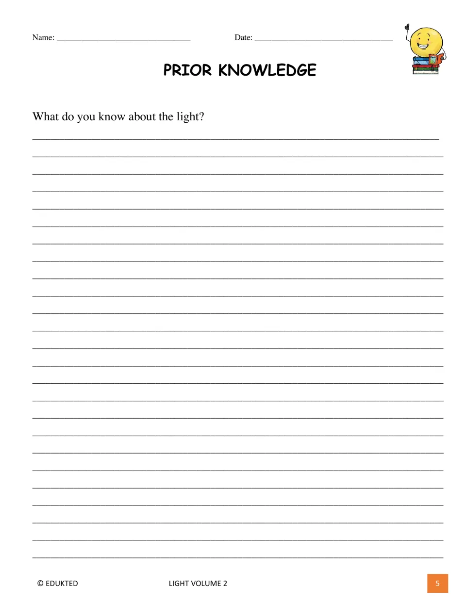 Prior-knowledge activity asks students to write what they already know about light before reading the text