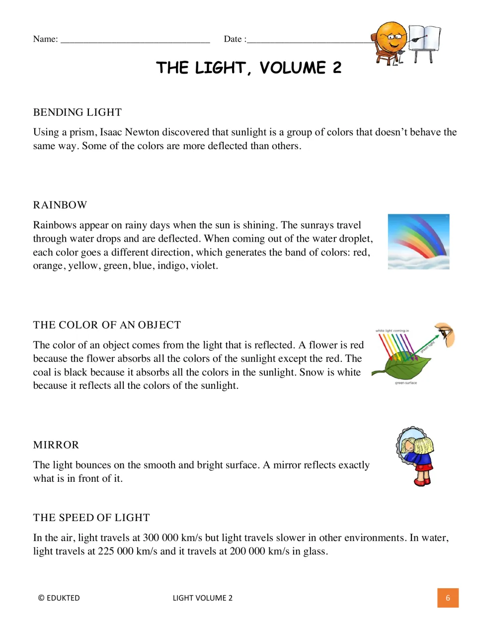 First passage page explains bending light, rainbows, object colors, mirrors, and light speed in air and water