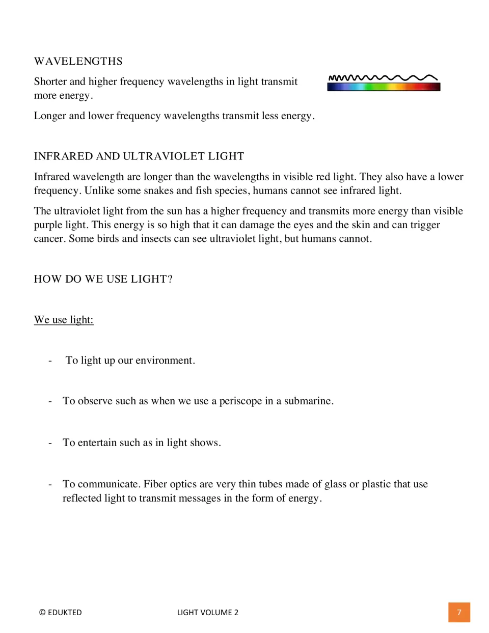 Second passage page explains wavelengths, infrared and ultraviolet light, and uses including fiber optics