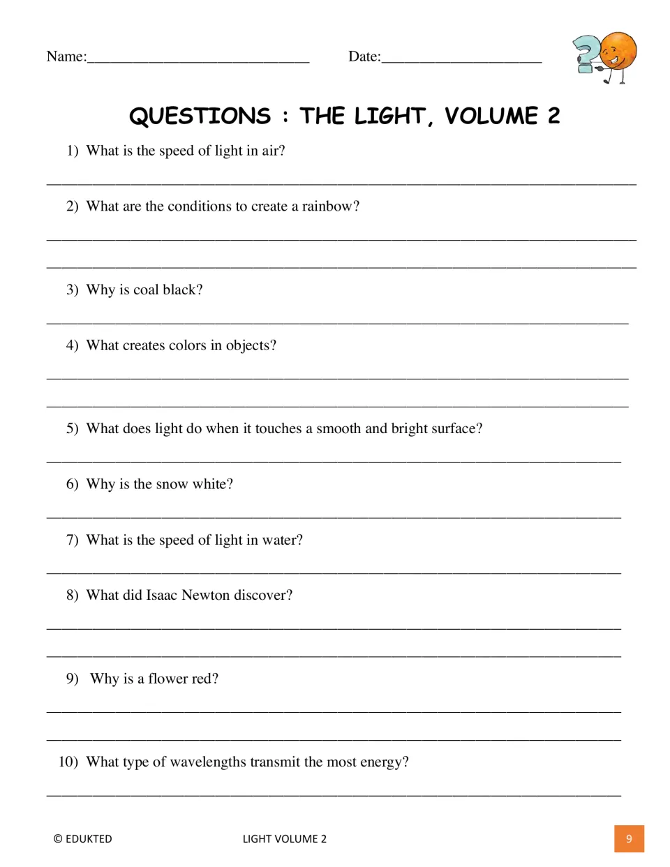 Comprehension questions 1–10 ask about light speed, rainbows, object colors, reflection, Newton, and wavelengths