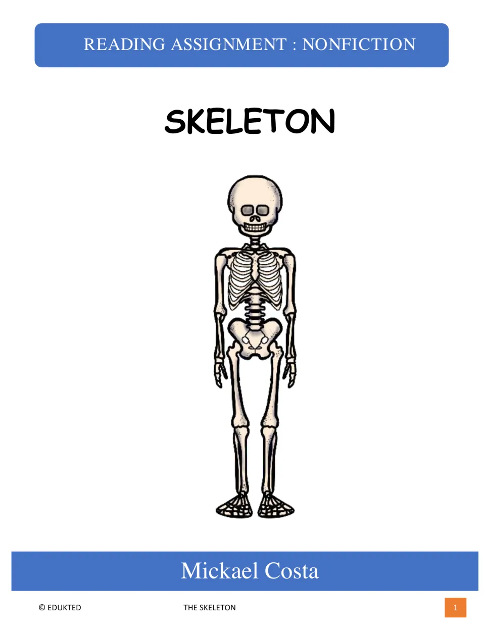 Reading assignment: Skeleton cover identifies the nonfiction packet by Mickael Costa and shows a human skeleton