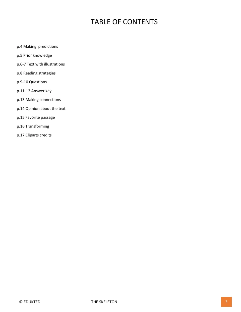 Skeleton packet contents list predictions, prior knowledge, illustrated text, questions, and answer key pages