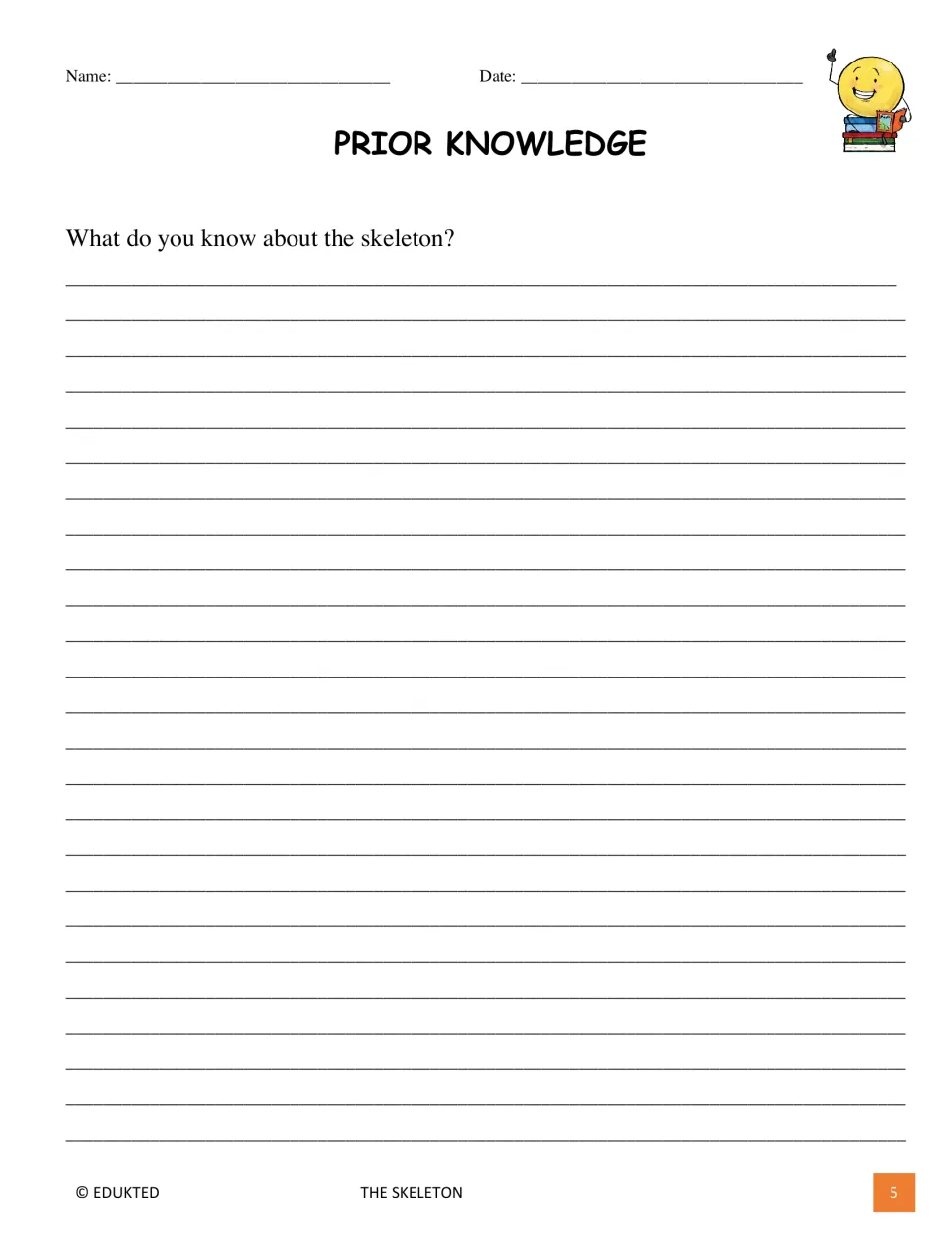 Prior knowledge response page asks students what they already know about the skeleton before reading the text