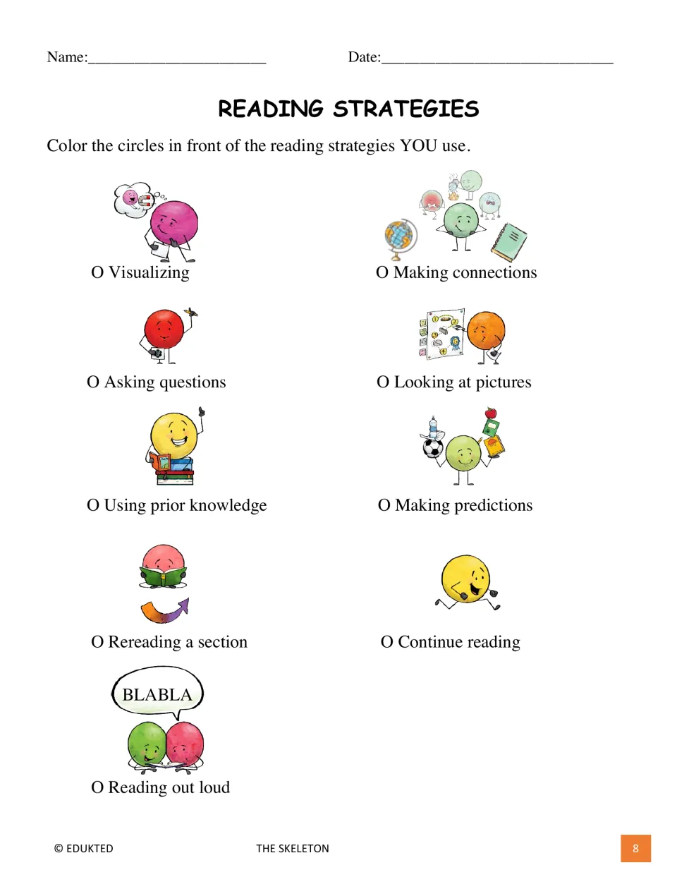 Reading strategies checklist asks students to mark methods they use, including visualizing and making connections
