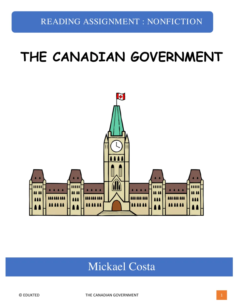 Nonfiction reading assignment cover on the Canadian government, with an illustration of the Parliament building in Ottawa