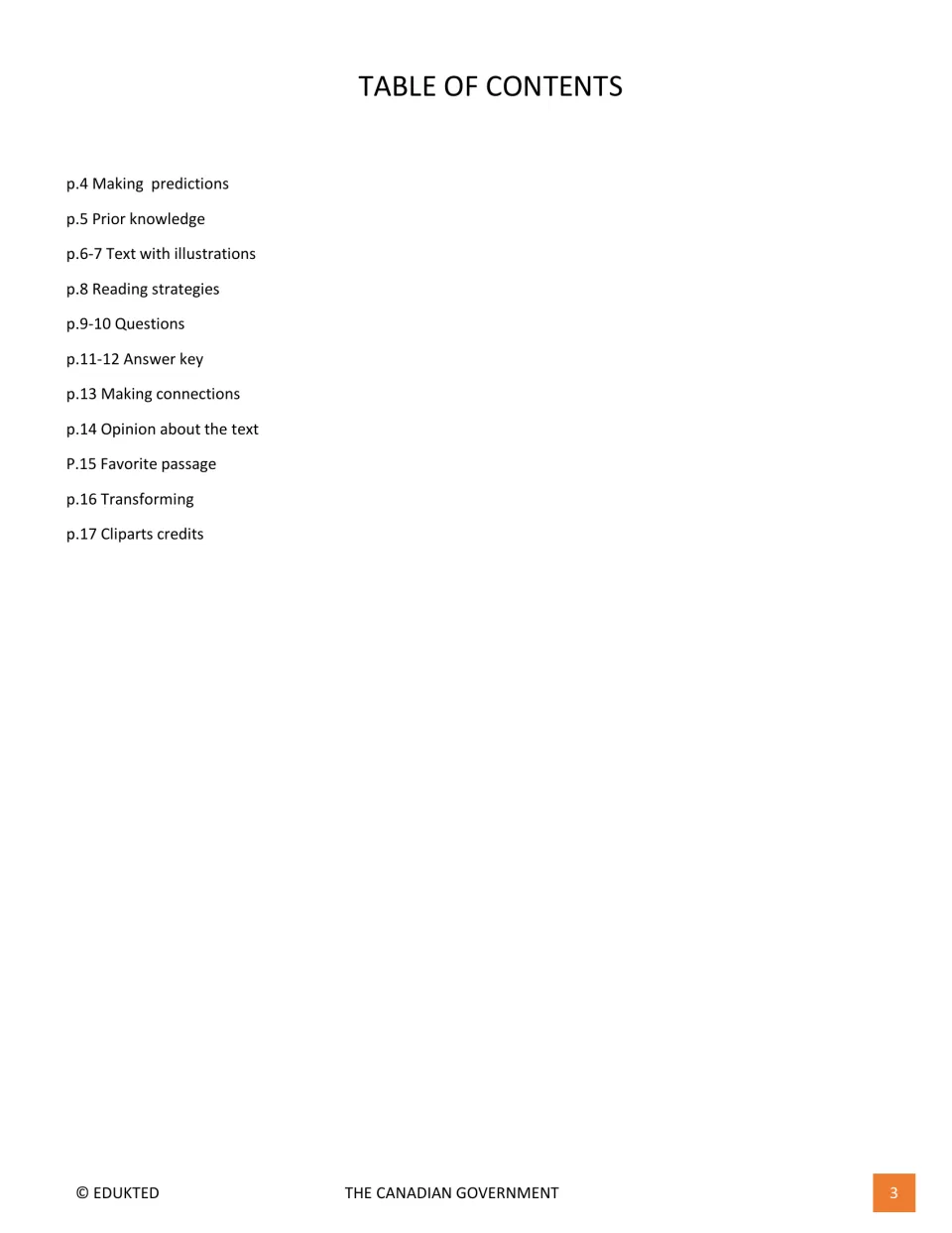 Table of contents listing predictions, prior knowledge, text, reading strategies, questions, answer key and more by page