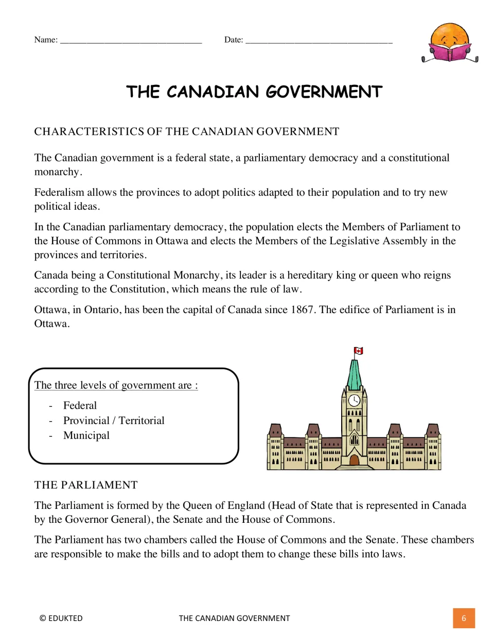 Reading passage on Canadian government characteristics: federal state, three levels of government and the Parliament