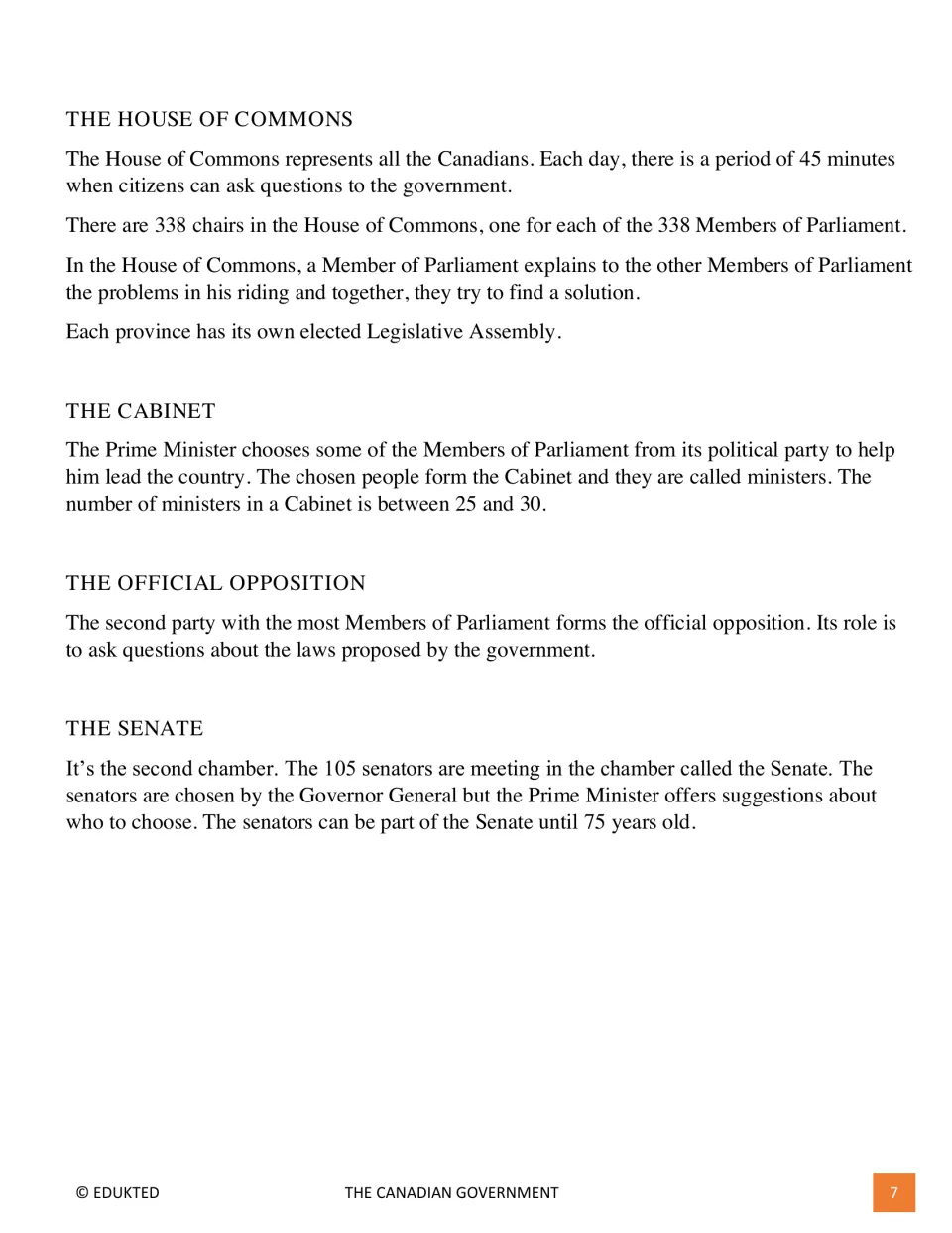 Reading passage continues with the House of Commons, the Cabinet, the Official Opposition and the Senate