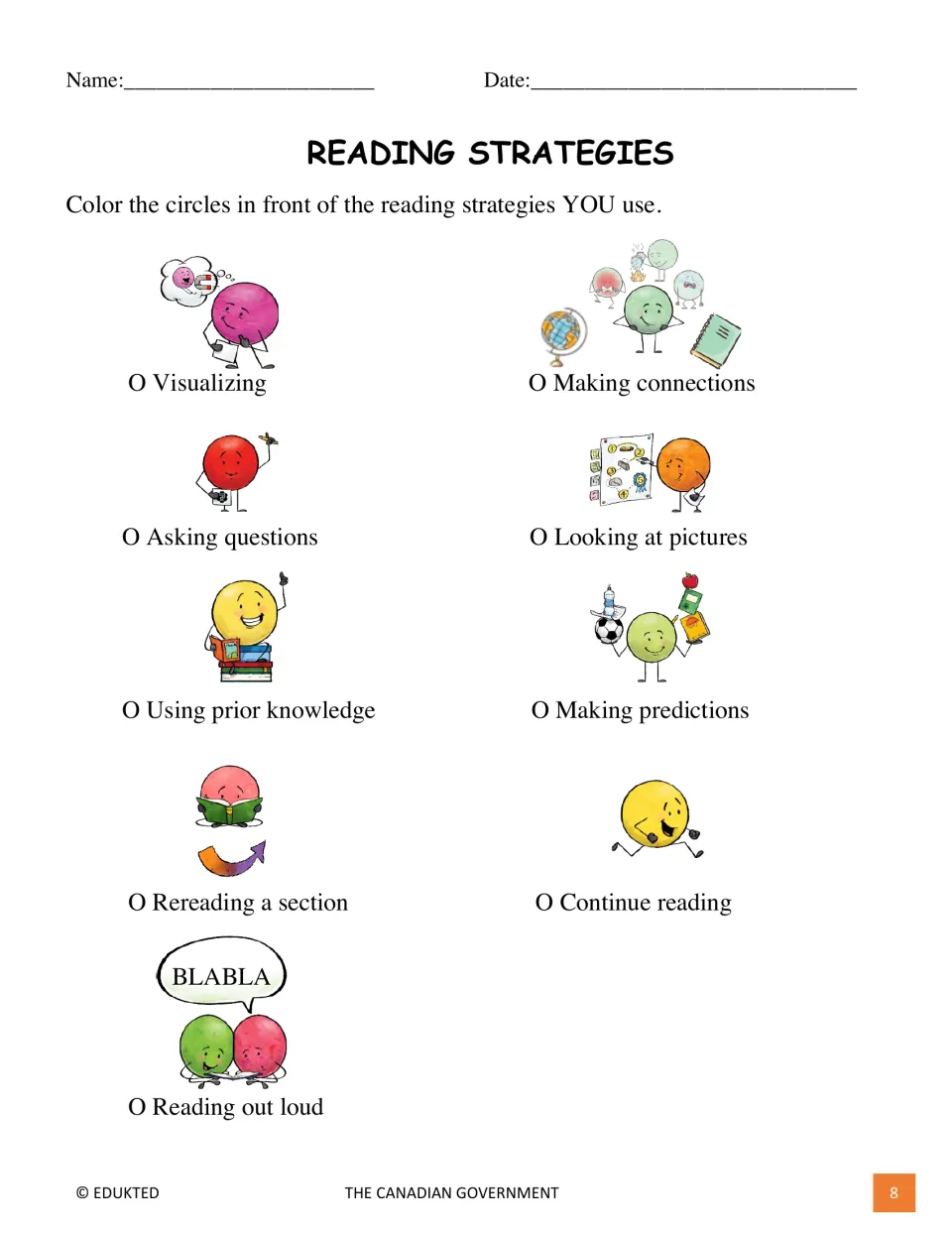 Reading strategies checklist: students color the circle beside each strategy they use, such as visualizing or rereading