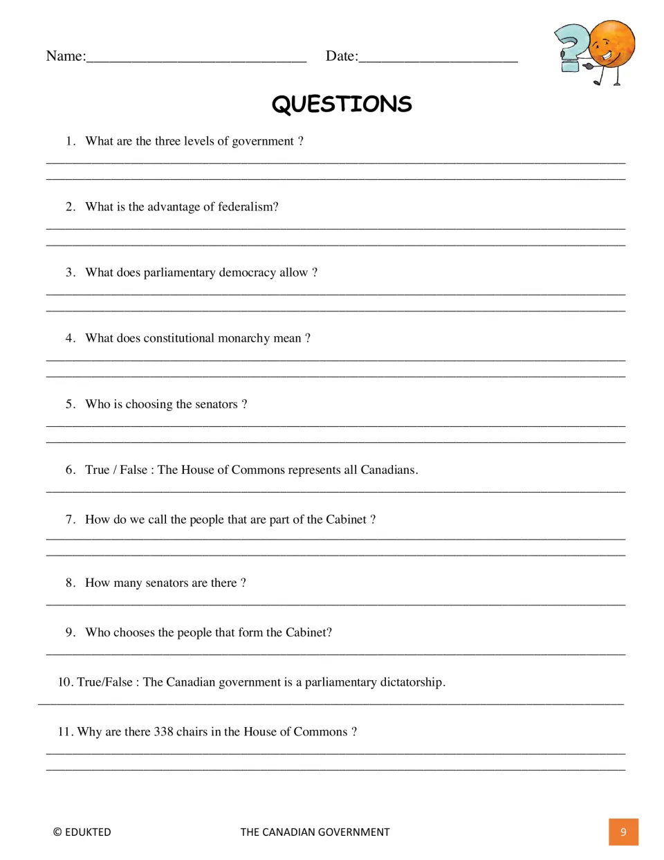 Comprehension questions on the text: students write answers to 11 items on levels of government, Cabinet and Senate
