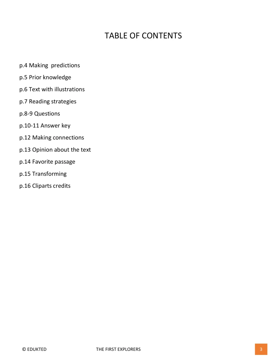Table of contents for the packet: predictions, prior knowledge, the text, reading strategies, questions and answer key