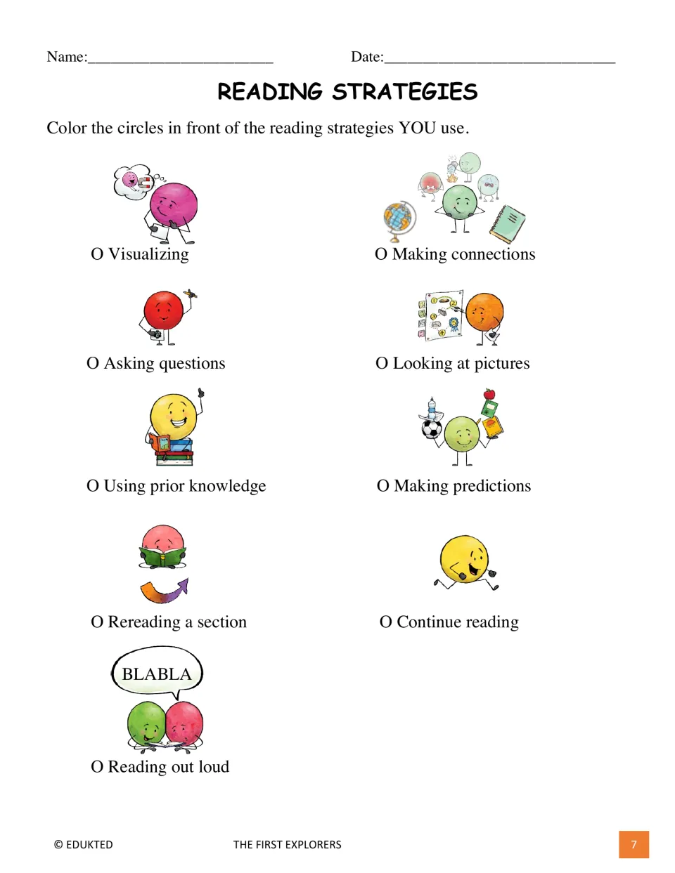 Reading strategies self-check: students color circles beside strategies they use, like visualizing and rereading a section
