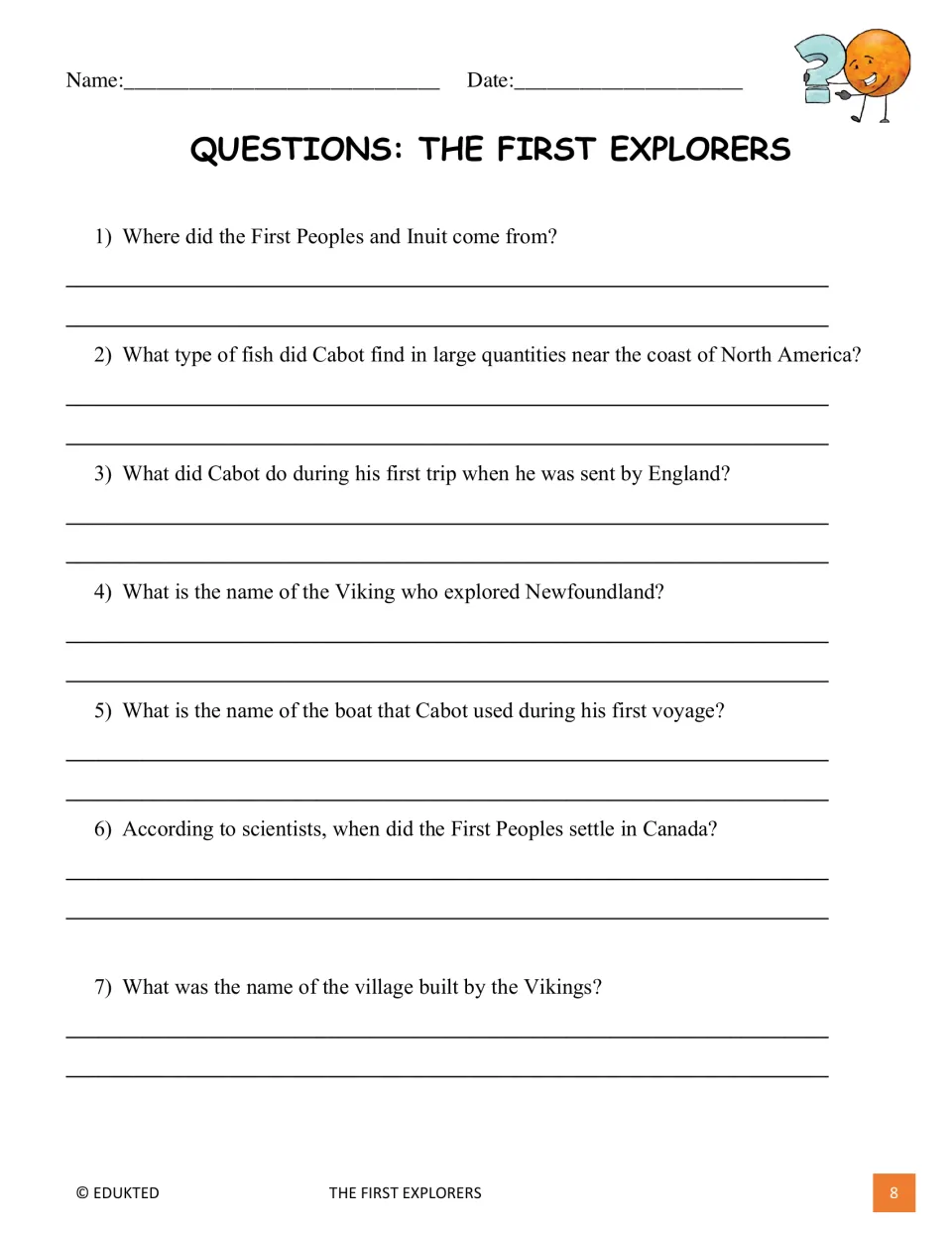 Comprehension questions 1 to 7: students write answers on the First Peoples' origins, Cabot's voyage and the Vikings