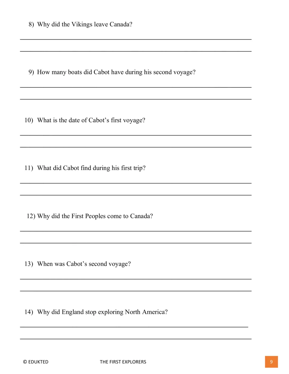 Comprehension questions 8 to 14 on why the Vikings left, Cabot's boats and voyage dates, and why England stopped exploring