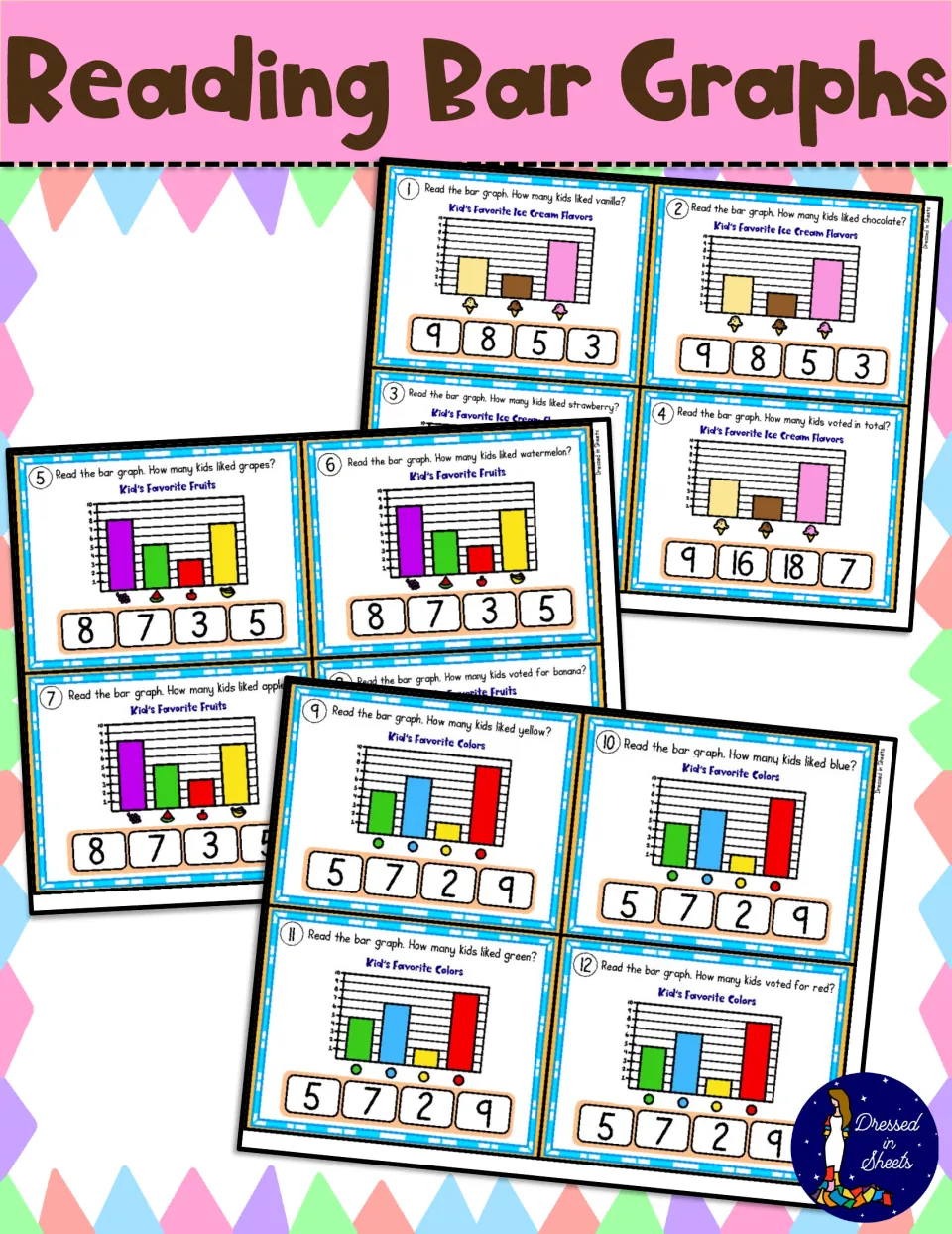 Reading Bar Graphs cover showing 12 multiple-choice cards on kids' favorite ice cream flavors, fruits and colors