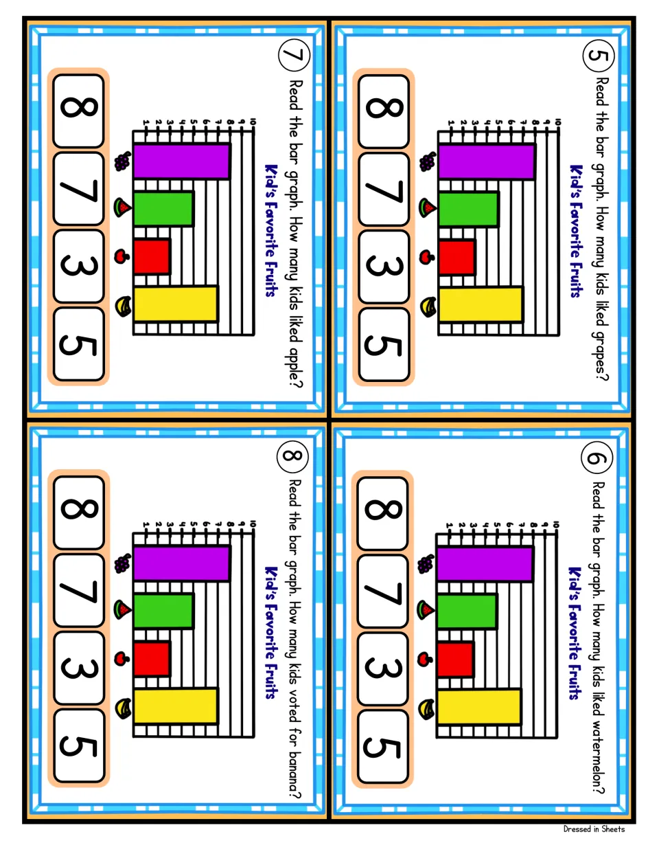 Cards 5-8, Kid's Favorite Fruits: students read a bar graph to count votes for grapes, watermelon, apple and banana