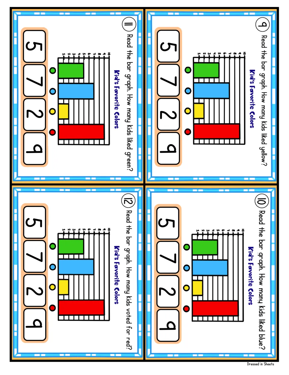 Cards 9-12, Kid's Favorite Colors: students read a bar graph to count how many kids picked yellow, blue, green and red